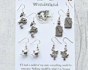 Alice In Wonderland Earring Set - Sterling Silver/Silver Plated, Literary Gift, Book Gift, Caterpillar Earrings, Drink Me, Teapot Earrings