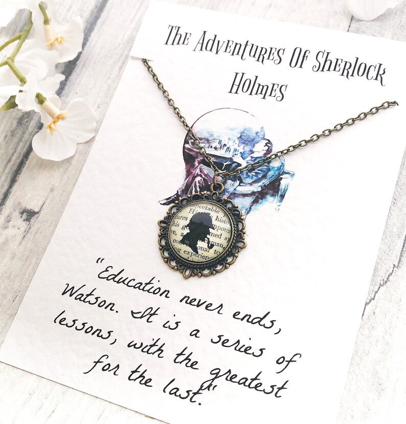 Antique Bronze Tone Glass Pendant Arthur Conan Doyle Watson Moriarty Detective Gifts Sherlock Holmes Necklace Book Lover