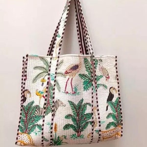 Baumwoll-Gesteppte Dschungel-Druck Markttasche Handgemachte gesteppte Tote-Einkaufstasche Outdoor-Reisetasche Weiche Boho-Stil-Einkaufstasche Nachhaltige Reisetasche