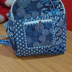 Handmade Blue Patchwork Quilted Cotton Backpack: Boho Travel Bag Collage carryall