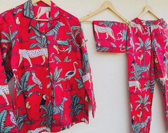 Conjunto de pijama de algodão com estampa de animal tropical: roupa de dormir feminina com botões para noivas