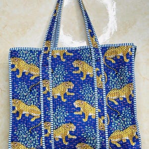 Blaue gesteppte Einkaufstasche Tiger-bedruckte Baumwoll-Einkaufstasche Outdoor-Reisetasche Markttasche Wiederverwendbare nachhaltige Stoff-Einkaufstasche Ost Zum Waschen