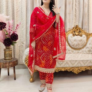 Red Bandhani Suit Set: Rajasthani Bandhej Dress with Gota Patti.