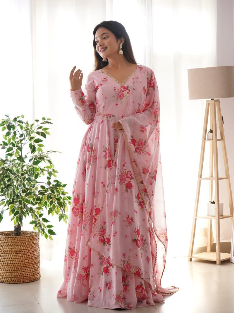 Women's Ethnic Pink Floral Anarkali Kurta with Dupatta main image 0