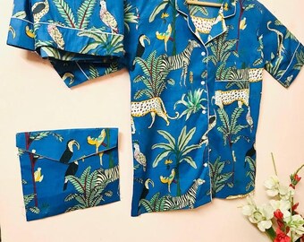 Tropical Animal Print Cotton Pajama Set: Women's Summer Loungewear Bridal Night Comfy wear