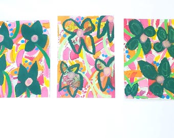 Kleine bloemenkunstprints, acryl- en olieverfpastels, 4x6 inch papier (drie opties)