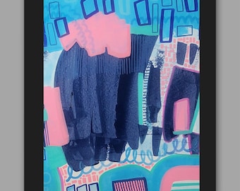 May include: An abstract painting in a black frame featuring a vibrant composition of navy blue, bright pink, and turquoise shapes. The artwork includes layered geometric forms, vertical stripes, and swirling lines against a light blue background.