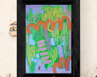 May include: A framed abstract artwork featuring a vibrant composition of bright green, orange, and light blue shapes. The design includes bold orange arches, light blue rectangles, and various green linear patterns set against a light purple background, all enclosed within a textured black wooden frame.
