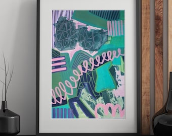 May include: A framed abstract art print featuring a vibrant composition of green, teal, and dark blue geometric shapes layered over a light pink background. The artwork includes hand-drawn pink squiggles, vertical stripes, and textured dark grey patches.