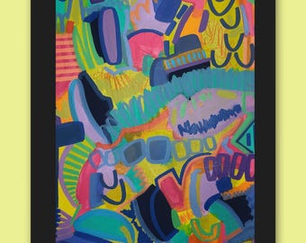 May include: A rectangular framed painting featuring a vibrant abstract composition with layered shapes in bright yellow, deep blue, magenta, and turquoise. The artwork includes various hand-drawn lines, geometric forms, and textured brushstrokes.