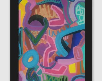 May include: A framed abstract painting featuring a vibrant composition of overlapping shapes and lines in shades of pink, blue, purple, yellow, and orange. The artwork displays a variety of curved and angular forms layered over a warm, earthy background.