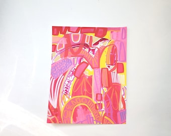 May include: A rectangular art print featuring a vibrant abstract composition of layered shapes and lines in shades of hot pink, bright yellow, coral, and white. The design includes curved arches, geometric blocks, and textured patterns.