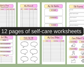 Self-Care, Self-Esteem and Self-Reflection Worksheet Bundle - 12 page digital download PDF