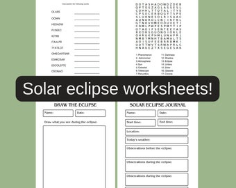 Solar Eclipse Educational Worksheet Bundle for Kids & Students - Includes 4 Pages - Digital Download