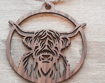 Charming Wooden Highland Cow Ornament