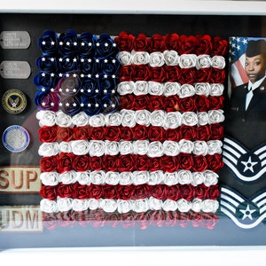 Military Retirement Shadow Box With Flower American Flag and Personal Items