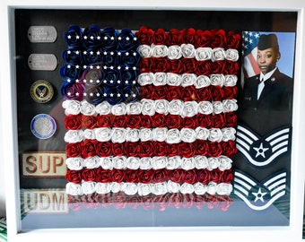 Military Retirement Shadow Box With Flower American Flag and Personal Items