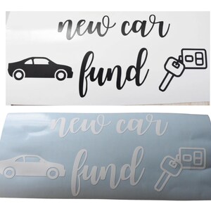 May include: Two images of a new car fund jar label. The first image shows a black car, the text "new car fund" and a key with a key fob. The second image shows a white car, the text "new car fund" and a key with a key fob.