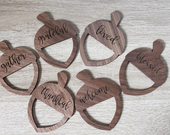 Thanksgiving Words Acorn Napkin Rings | Thankful Grateful Blessed Gather Leaf Table Decor | Fall Tablescape | Fall Table Decor