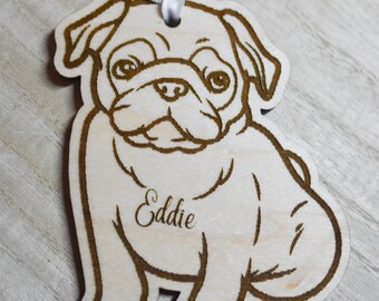 Pug Ornament | Engraved Pug Wooden Christmas Ornament Perfect for Pug Lovers