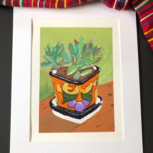 Hand painted and signed acrylic painting of a succulent plant in a Talavera pot. Acrylic painting of Mexican ceramic Talavera pot.