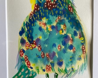Colorful watercolor painting of whimsical bird. Bird sketch watercolor is ready to frame. Whimsical illustration of multicolored bird.