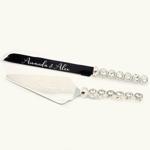 Wedding Cake Knife and Server Set Personalized, Silver with Octagon Diamond Cut Acrylic Rhinestones Modern Cake Server and Knife Cutting Set