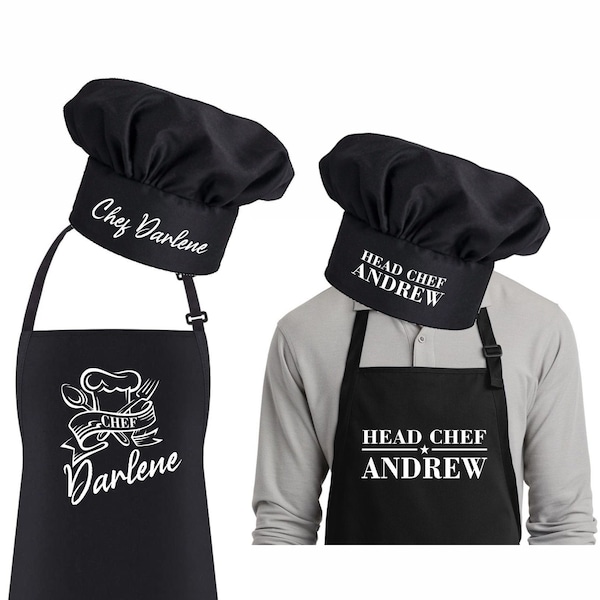 Personalized Apron and Hat, Chef Hat and Apron, Large Pocket Apron, Black Adjustable Apron, Kitchen Apron Custom, Adjustable Size Apron