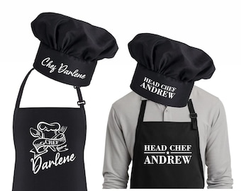 Personalized Apron and Hat, Chef Hat and Apron, Large Pocket Apron, Black Adjustable Apron, Kitchen Apron Custom, Adjustable Size Apron