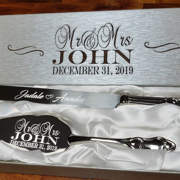 Wedding Cake Set KNIFE and SERVER Classic Vintage Silver Set Personalized Engraved Name Date Custom Text Bridal Shower Gift