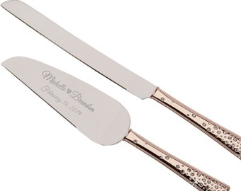 Wedding Cake Server Set with Crystal Handle Personalized Custom Name Date Elegant Modern Engraved Knife Bridal Shower Engagement Gift