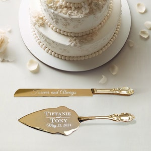 Juego de cuchillos y servidores para tartas de oro con personalización grabada personalizada, elegante y moderno juego de corte para bodas, compromisos, novias y novios