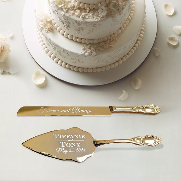 Goldenes Tortenmesser- und SERVER-Set mit individueller Gravur, elegantes, modernes Schneidset für Hochzeit, Verlobung, Braut und Bräutigam
