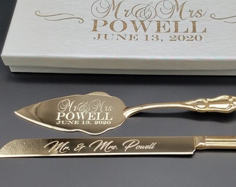 Wedding Cake Server and Knife Set Engraved Gold Tone Server Gold Plated Traditional Cake Server and Knife Cutting Custom