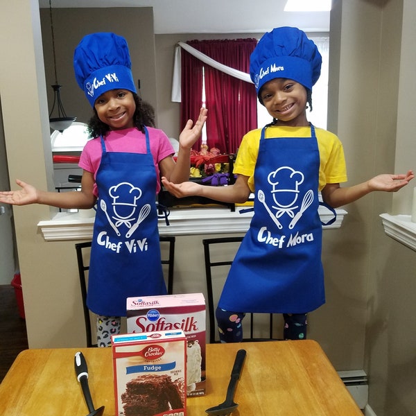 Personalized Chef Apron and Chef Hat For Boys Girl Kids Blue or Pink Soft Cotton Comfortable Little Cook Custom Name Teen Toddler