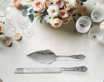 Wedding Cake Set KNIFE and SERVER Classic Vintage Silver Set Personalized Engraved Name Date Custom Text Bridal Shower Gift