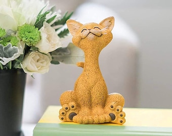 Happy Cat Lover Gifts, Sculpture with Personalized Collar Kitty Figurine Feline Statue Ornament Cat Mom Rescuer Laser Engraved Tag