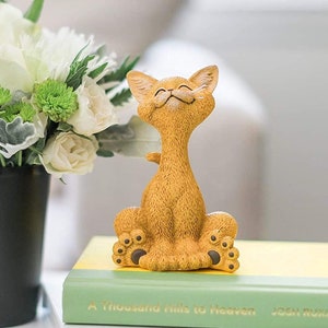 Happy Cat Lover Gifts, Sculpture with Personalized Collar Kitty Figurine Feline Statue Ornament Cat Mom Rescuer Laser Engraved Tag