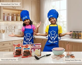 Personalized Chef Apron and Chef Hat For Boys Girl Kids Blue or Pink Soft Cotton Comfortable Little Cook Custom Name Teen Toddler