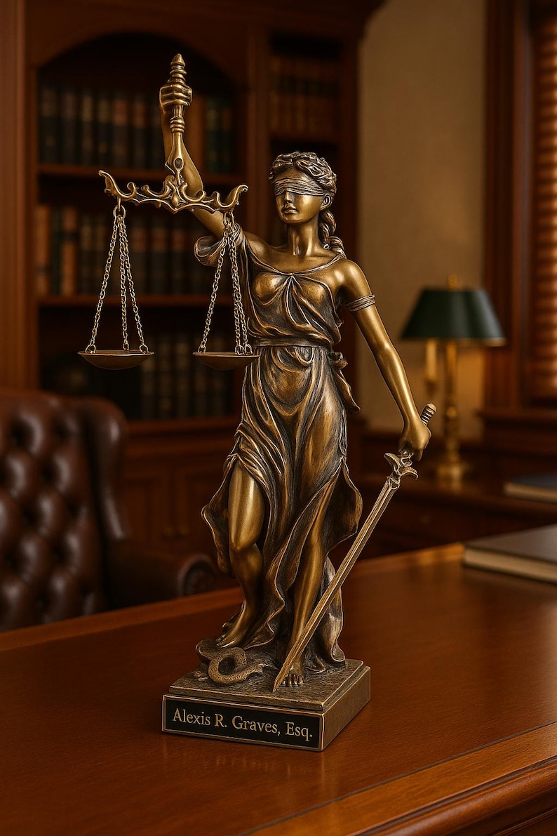 Blind Lady Justice Statue, Greek Statue, Bronze Statue, Office Gift, Gifts for Lawyers, Engraved Statue, Greek Goddess Statue,Divine Goddess image 1