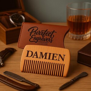 Personalized Wood Comb with Leather Pouch For Man Beard Mustache Grooming Brush Laser Engraved Custom Text Groomsmen Father’s Day Birthday