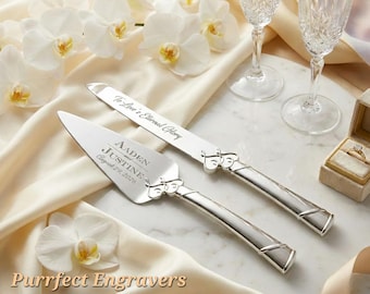 Juego de cuchillos y servidor Lenox True Love chapado en plata para servir tartas, bodas, compromisos, nombre personalizado, fecha y recuerdo.