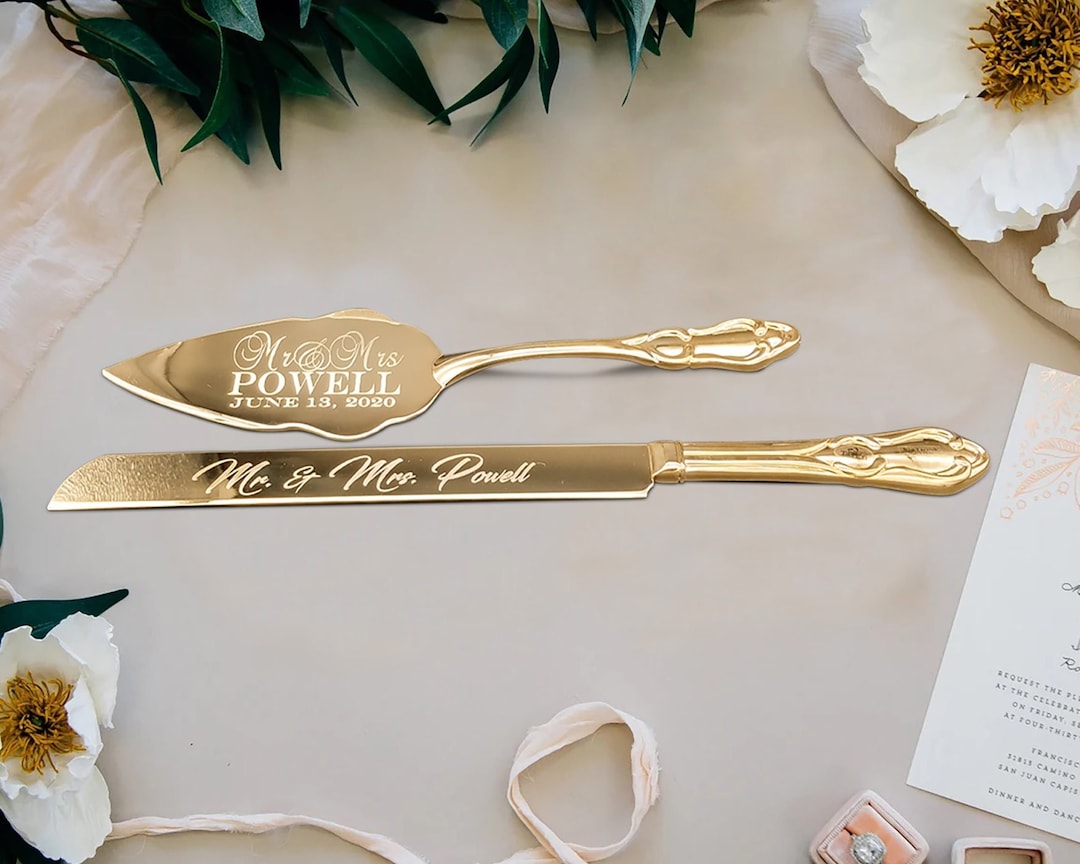 Wedding Cake Server and Knife Set Engraved Gold Tone Server Gold Plated Traditional Cake Server