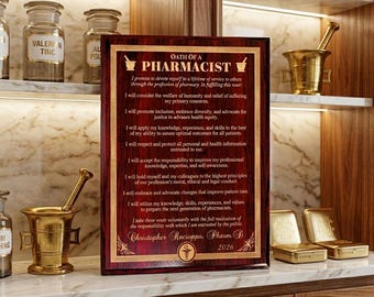 Juramento del Farmacéutico. Placa de madera personalizada con nombre grabado. Letrero de oración. Regalo de graduación para futuros estudiantes de farmacia.