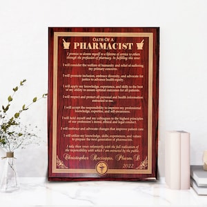 Oath Of A Pharmacist Personalized Custom Name Engraved Wooden Plaque Prayer Sign Future Pharmacy Student Graduation  Gift