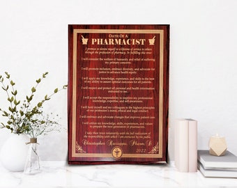 Oath Of A Pharmacist Personalized Custom Name Engraved Wooden Plaque Prayer Sign Future Pharmacy Student Graduation  Gift