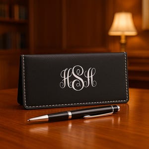 Personalisierter Scheckheft-Cover-Halter Kunstleder mit Monogramm Name Zitat Slim Bi-Fold Lustiger Text Schwarz Braun Karo