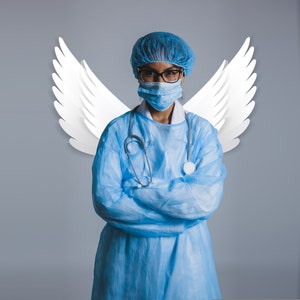 May include: A healthcare worker wearing a blue surgical gown and a face mask, with white angel wings behind them. The worker is wearing a blue surgical cap and has a stethoscope around their neck.
