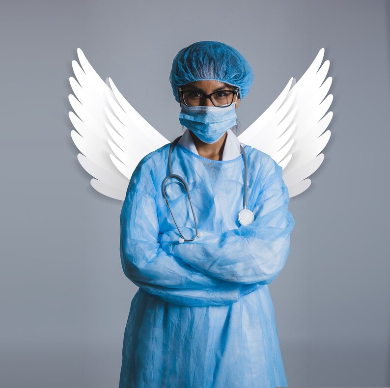 May include: A healthcare worker wearing a blue surgical gown and a face mask, with white angel wings behind them. The worker is wearing a blue surgical cap and has a stethoscope around their neck.