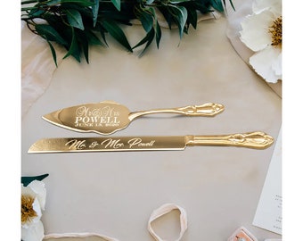 Wedding Cake Server and Knife Set Engraved Gold Tone Server Gold Plated Traditional Cake Server and Knife Cutting Custom